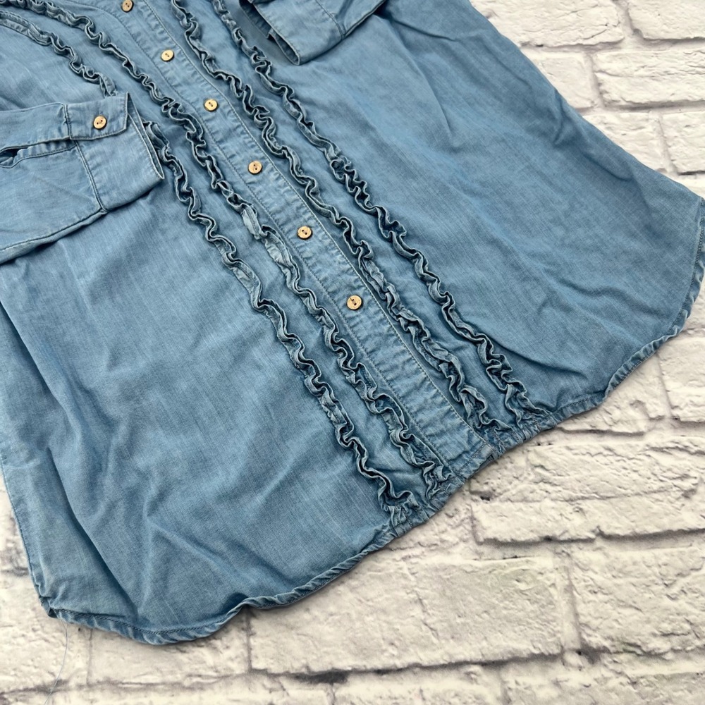 Coldwater Creek Womens XL Blue Chambray Ruffle Button Up Shirt Tencel Lyocell - Picture 6 of 9